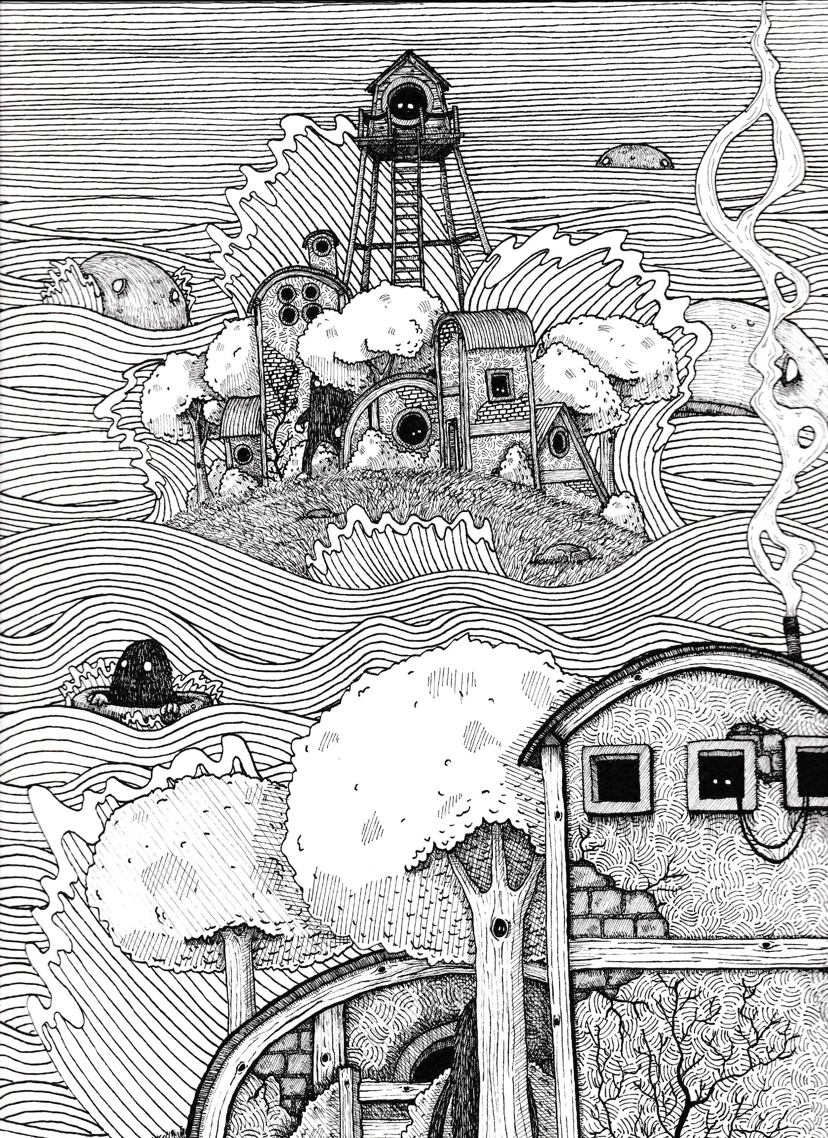 The Tower, a detailed pen-and-ink illustration of a surreal landscape with rolling lines, hidden creatures, buildings, trees, and a watchtower