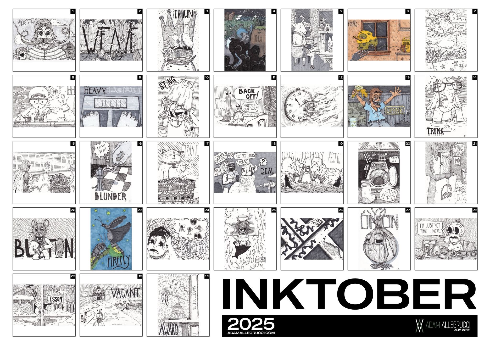Adam Allegrucci’s 2025 Inktober collection sheet with 31 ink drawings, several detailed scenes, and selective areas of color