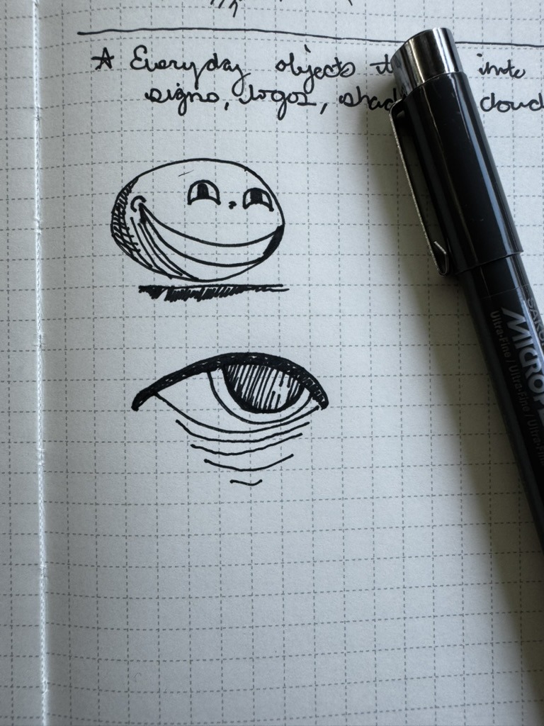 Pen sketch of the eye Adam imagined in the tree trunk