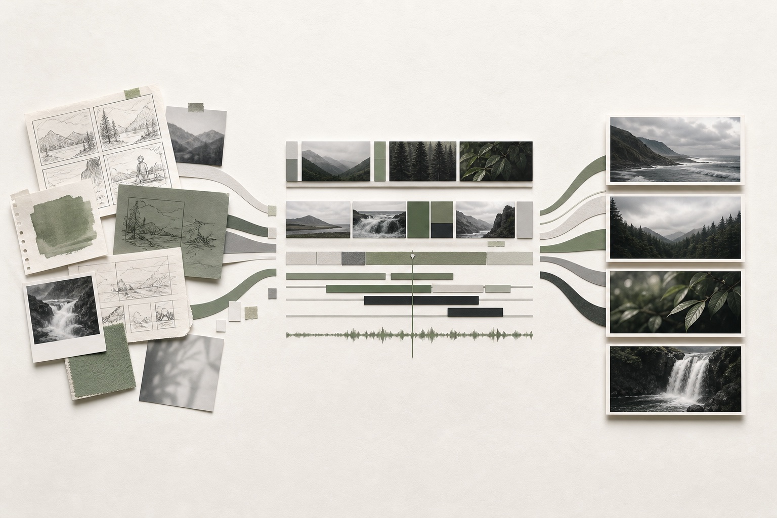 Editorial collage showing storyboards and concept frames flowing into an organized video timeline and multiple finished delivery frames